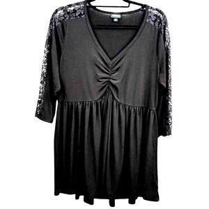 Torrid Size 1‎ Dress Black Lace V-Neck Ruched Front Long Sleeve Top Tunic Goth